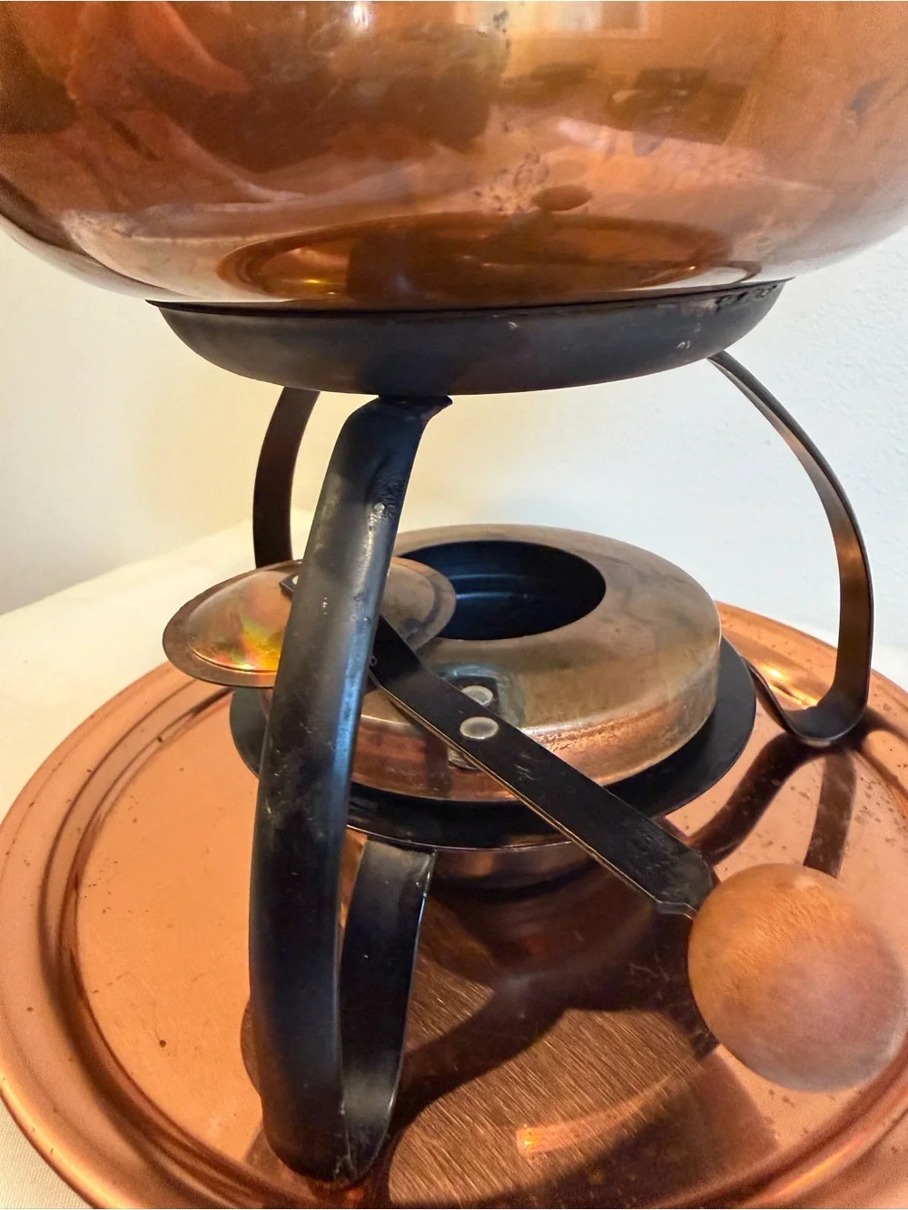 Copper Fondue Pot with Wood Handle - Copper Finish- Vintage